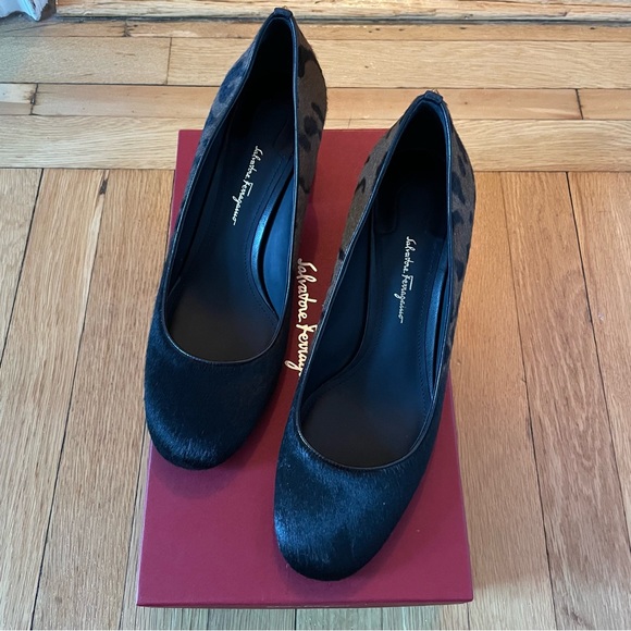 Salvatore Ferragamo Medolla P Leopard Print Calf Hair Block Geel Shoes 38B New
